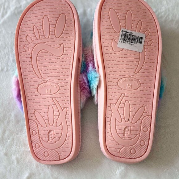 Women's Brand New Furry & Colorful Striped Thong Slippers with Hard Soles SIZE M - Picture 10 of 10